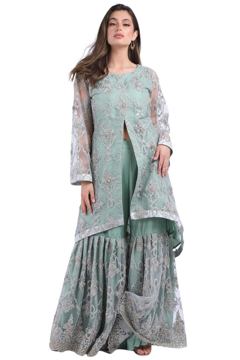 FNKISH Mint Green Gharara Suit Mint Green Pakistani Traditional Outfits Ready to Wear Wedding (Fits 10-14)