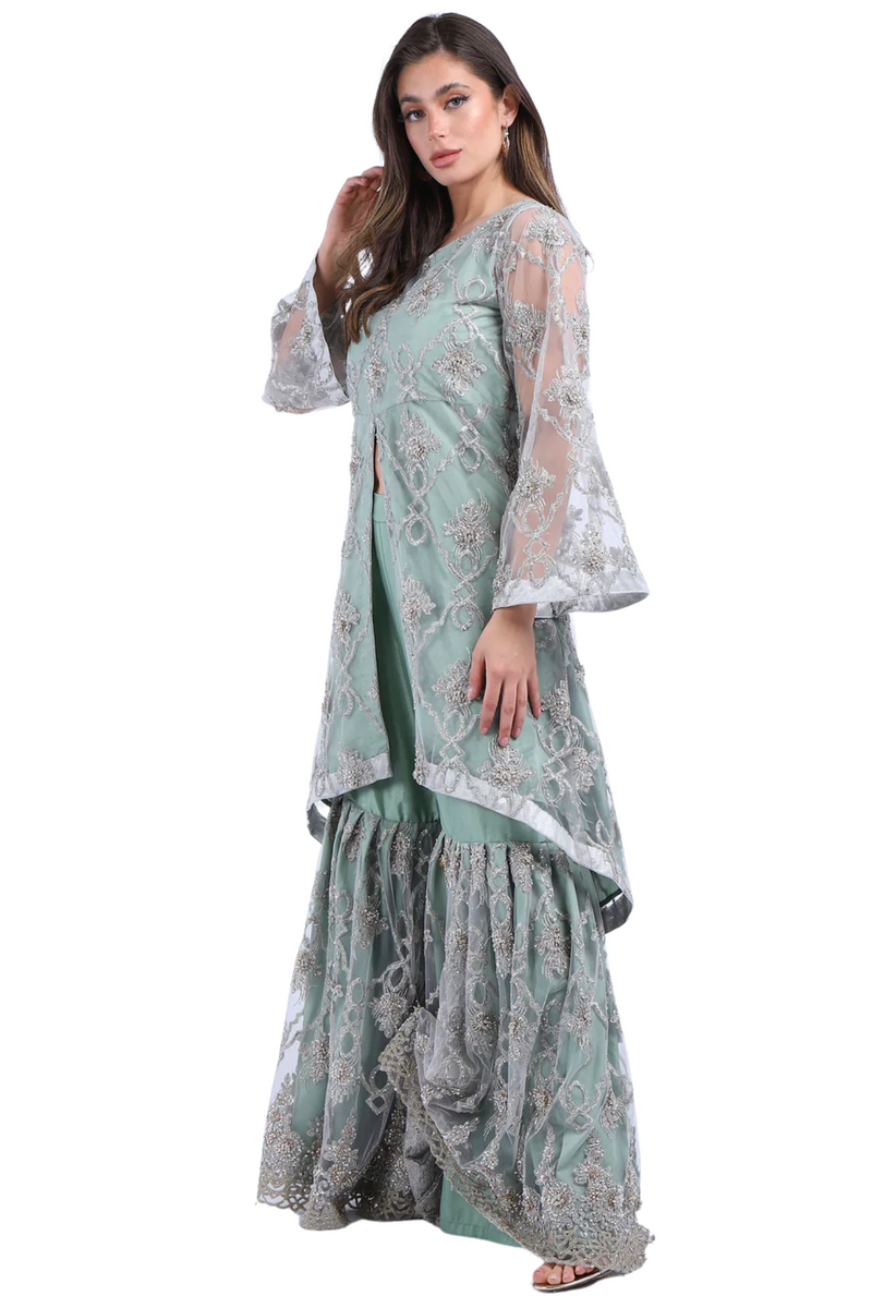 FNKISH Mint Green Gharara Suit Mint Green Pakistani Traditional Outfits Ready to Wear Wedding (Fits 10-14)