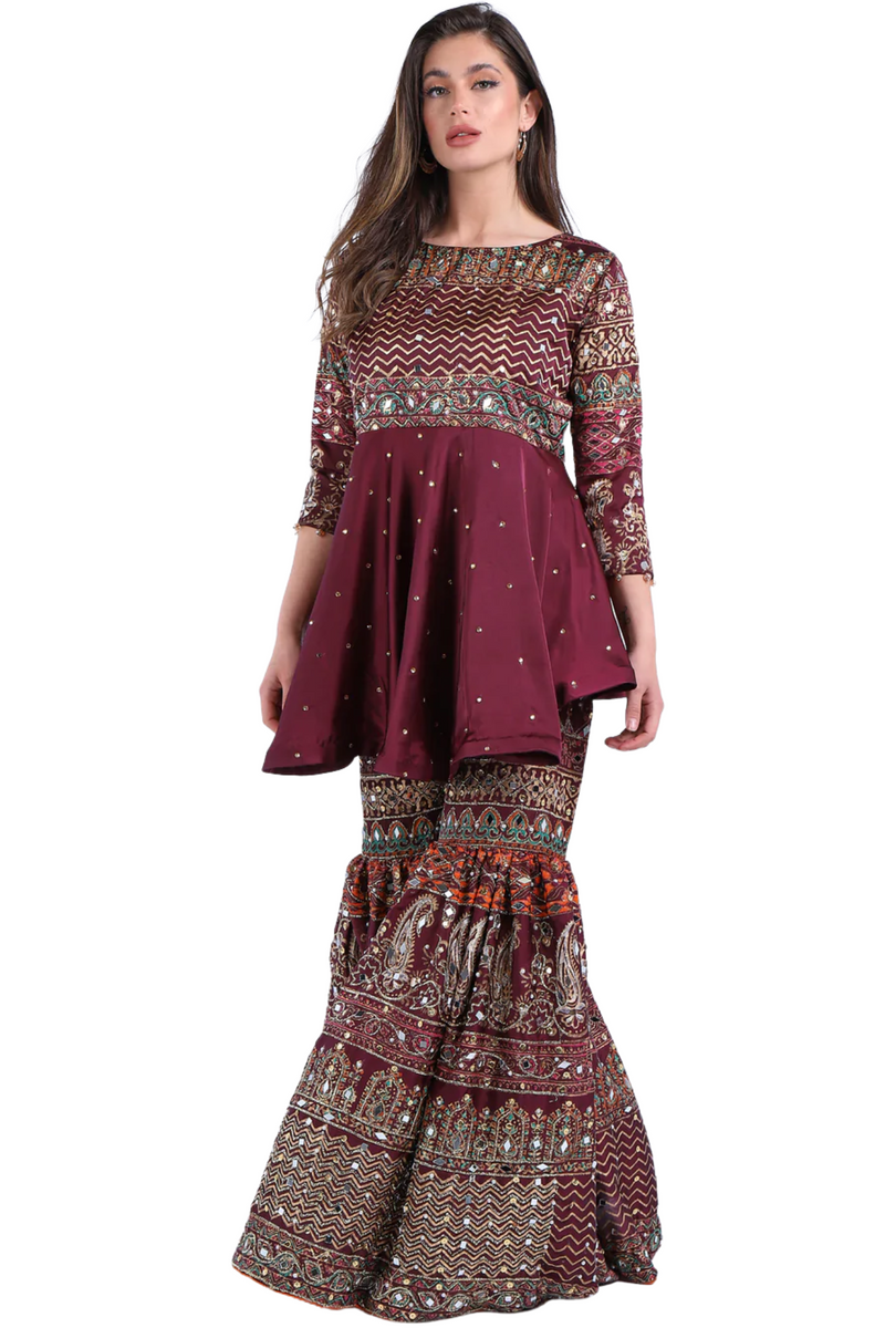 Plum  Mirror Work Gharara