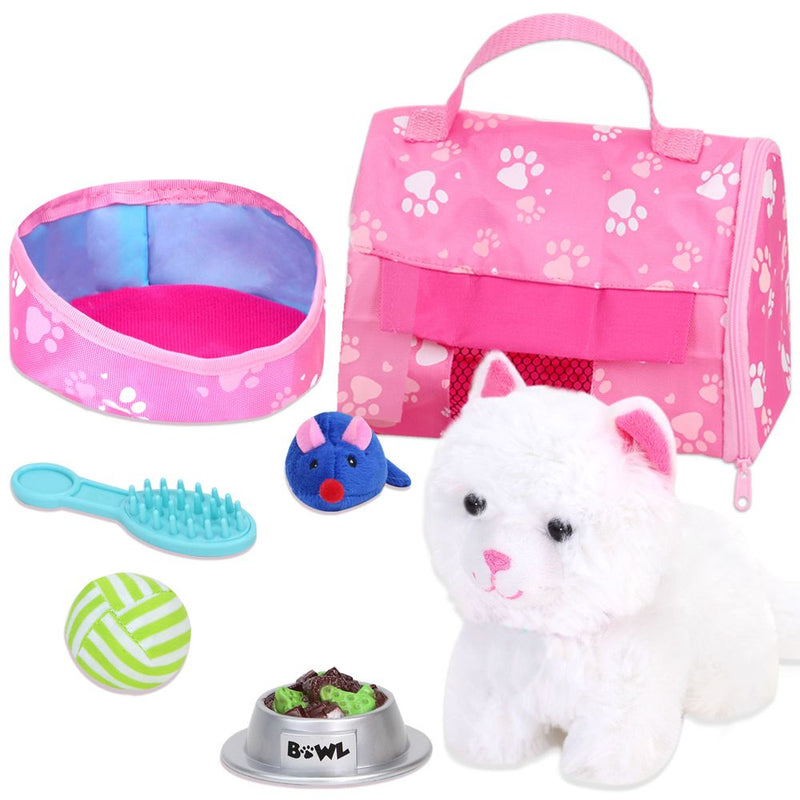 Plush Kitty Cat Carrier & 8 Interactive Accessories 18" Baby Dolls, Soft Cuddly