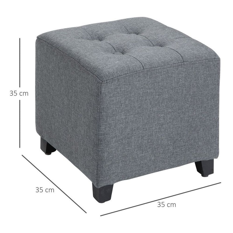Linen-Look Square Ottoman Footstool Button Tufts Wood Frame Padding Grey