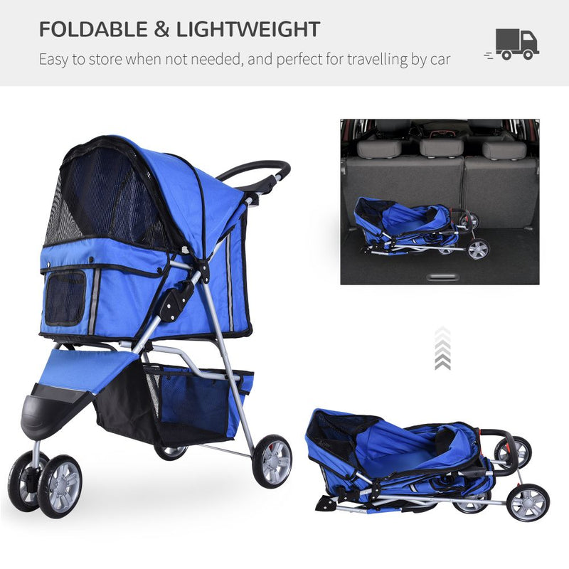 Pet Stroller Pushchair Carrier for Cat Puppy with 3 Wheels Blue Pawhut