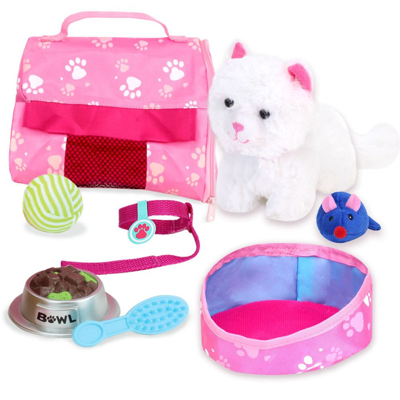Plush Kitty Cat Carrier & 8 Interactive Accessories 18" Baby Dolls, Soft Cuddly