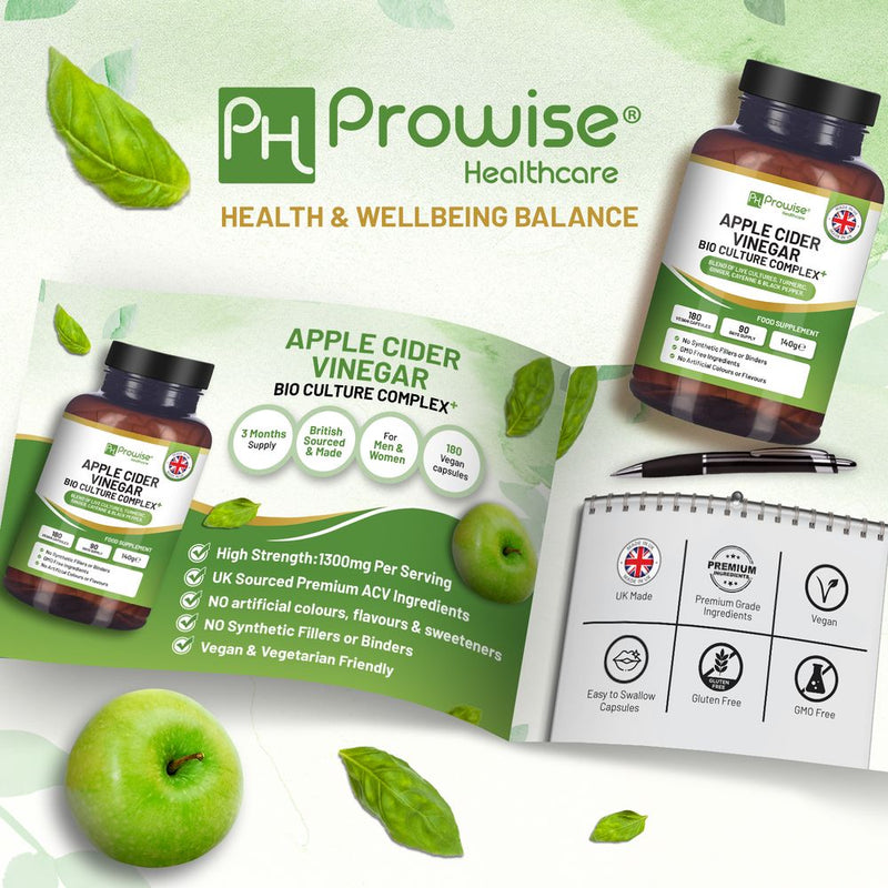 Apple Cider Vinegar with Bio Cultures Complex 1300mg 180 capsules I Vegan I Made in UK by Prowise
