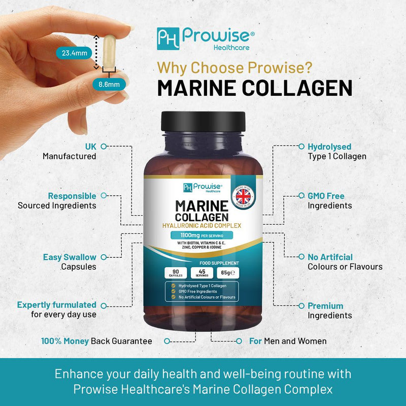 Marine Collagen with Hyaluronic Acid Complex 1100mg  90 Capsules I For Women and Men I Made in UK by Prowise