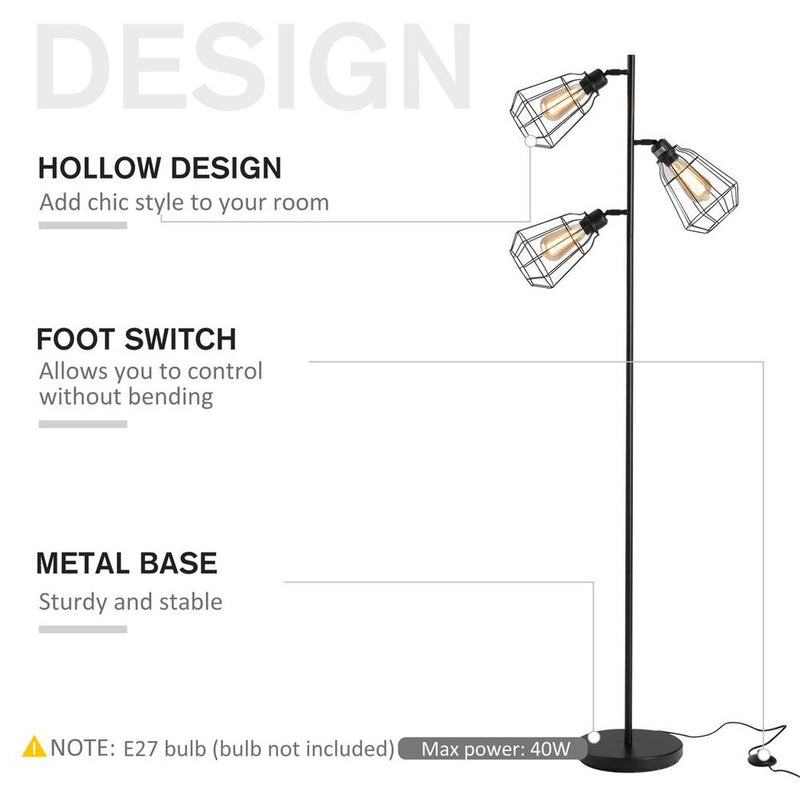 Industrial Steel Birdcage Floor Lamp w/ 3 Lights Round Base Switch Black