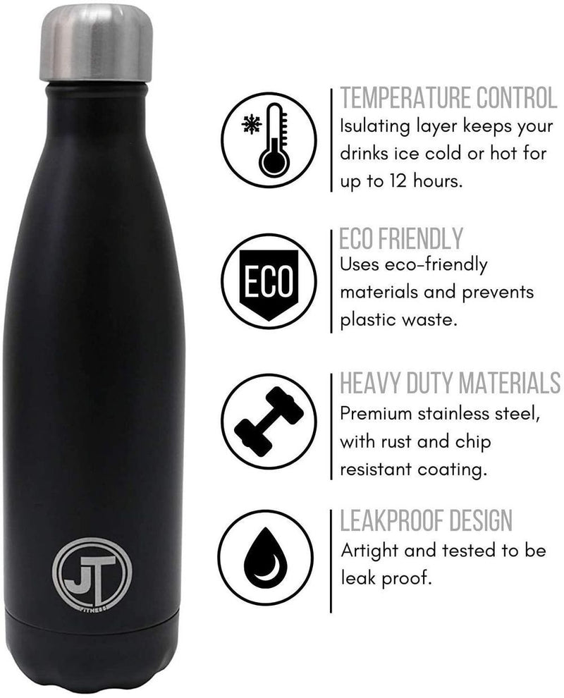 JTL Fitness Stainless Steel Water Bottle 500ml Vacuum Insulated Flask for Hot or Cold Metal Watertight Seal Black