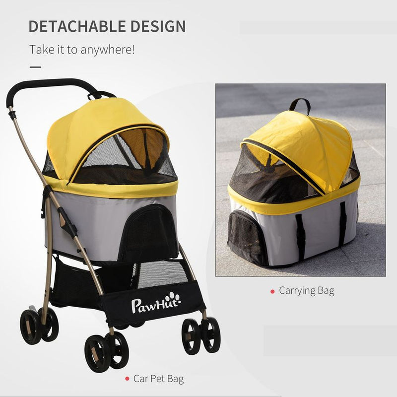 PawHut 3 In 1 Pet Stroller, Detachable Dog Cat Travel Carriage - Yellow
