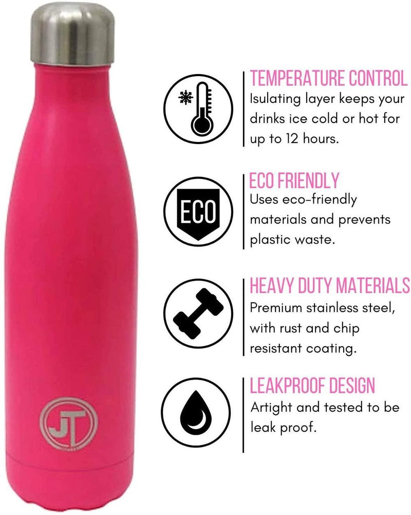 JTL Fitness Stainless Steel Water Bottle 500ml Vacuum Insulated Flask for Hot or Cold Metal Watertight Seal Pink