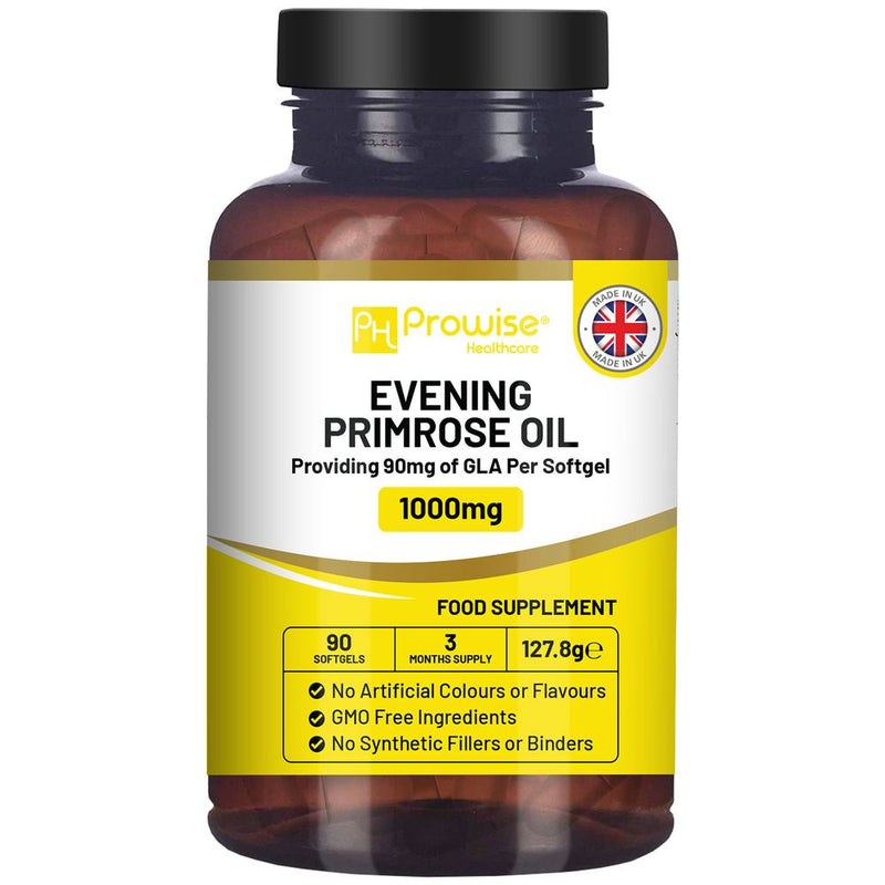 Evening Primrose Oil 1000mg | 90 Softgel Capsules | Pure Cold Pressed I 90mg GLA per Capsule I Halal Friendly