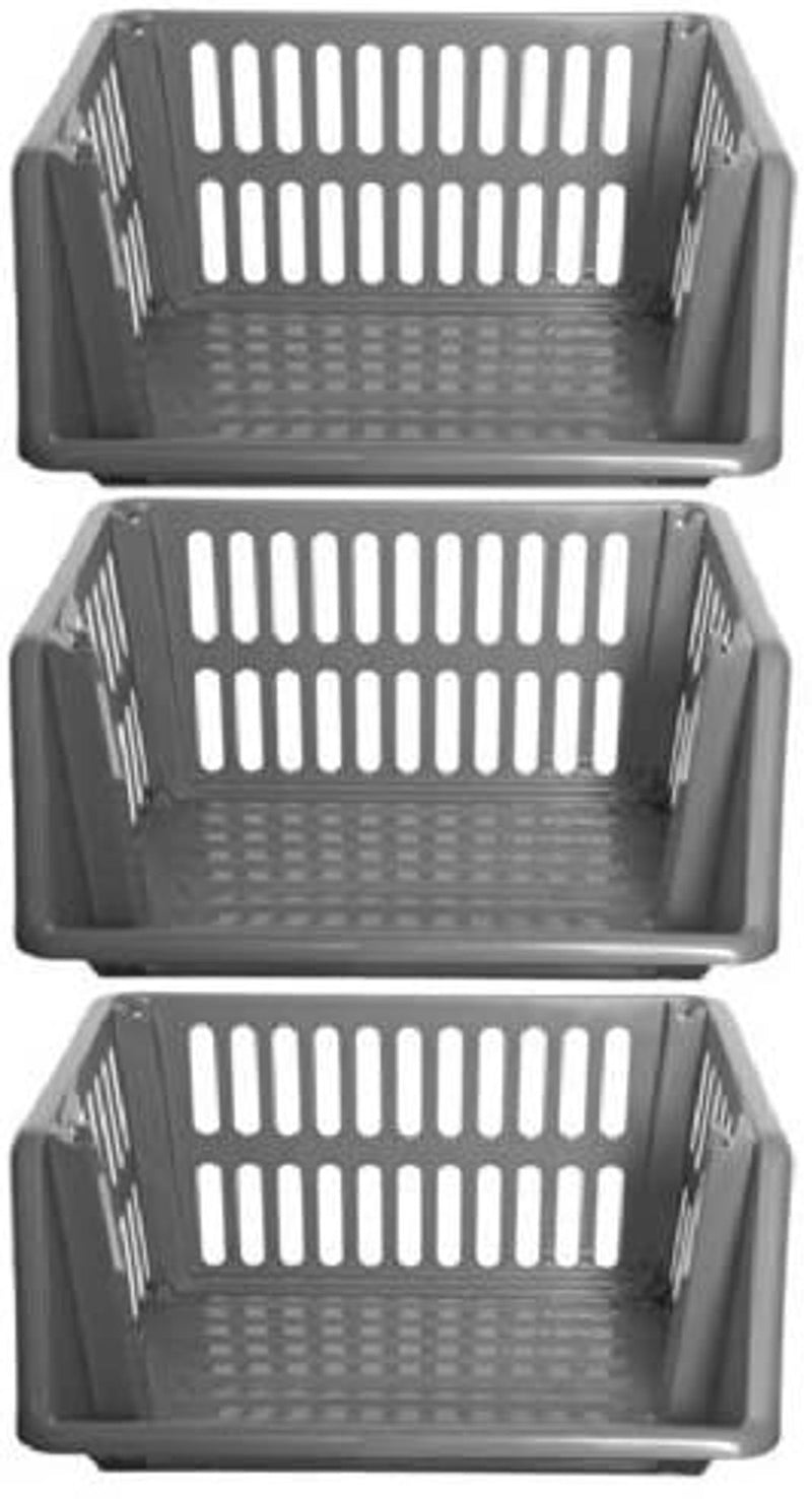 Whitefurze  3 Tier Large Stacking Baskets Storage Veg Rack Plastic Stackers 35cm - Silver