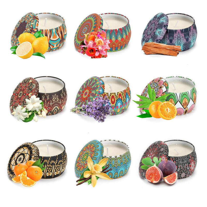 Portable Tin Floral Scented Candles Gift Box Set Soy Wax Jar of 9