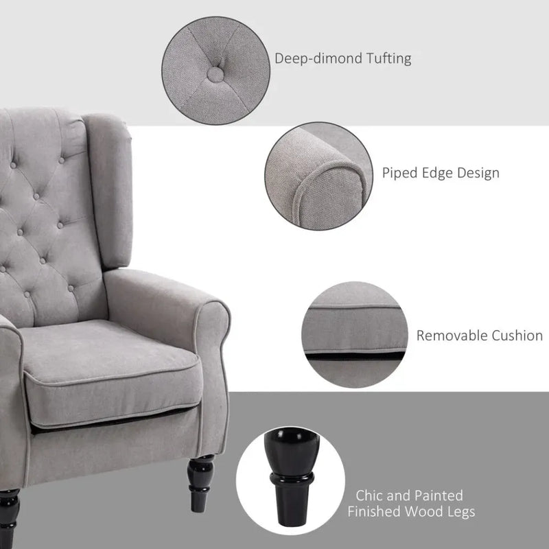 Retro Accent Chair Wingback Armchair with Wood Frame for Living Room Grey