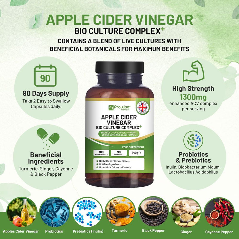 Apple Cider Vinegar with Bio Cultures Complex 1300mg 180 capsules I Vegan I Made in UK by Prowise