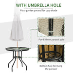 Outdoor Round Dining Table Tempered Glass Top Steel w/ Parasol Hole 80cm