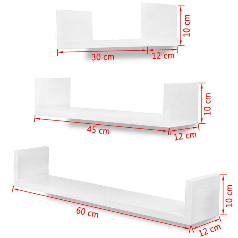 3 White MDF U-shaped Floating Wall Display Shelves Book/DVD Storage