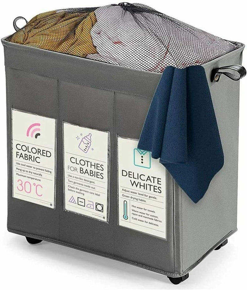 KNIGHT 3 Section Laundry Storage Basket 120L Collapsible on Wheels (Grey)