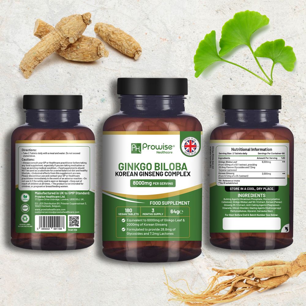 Ginkgo Biloba and Korean Ginseng Tablets 8000mg 180 Vegan Tablets by Prowise