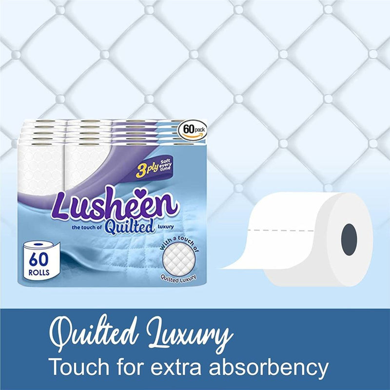 Lusheen White  Unscented 3 Ply Quilted White Toilet Rolls  - Pack of 60 Rolls
