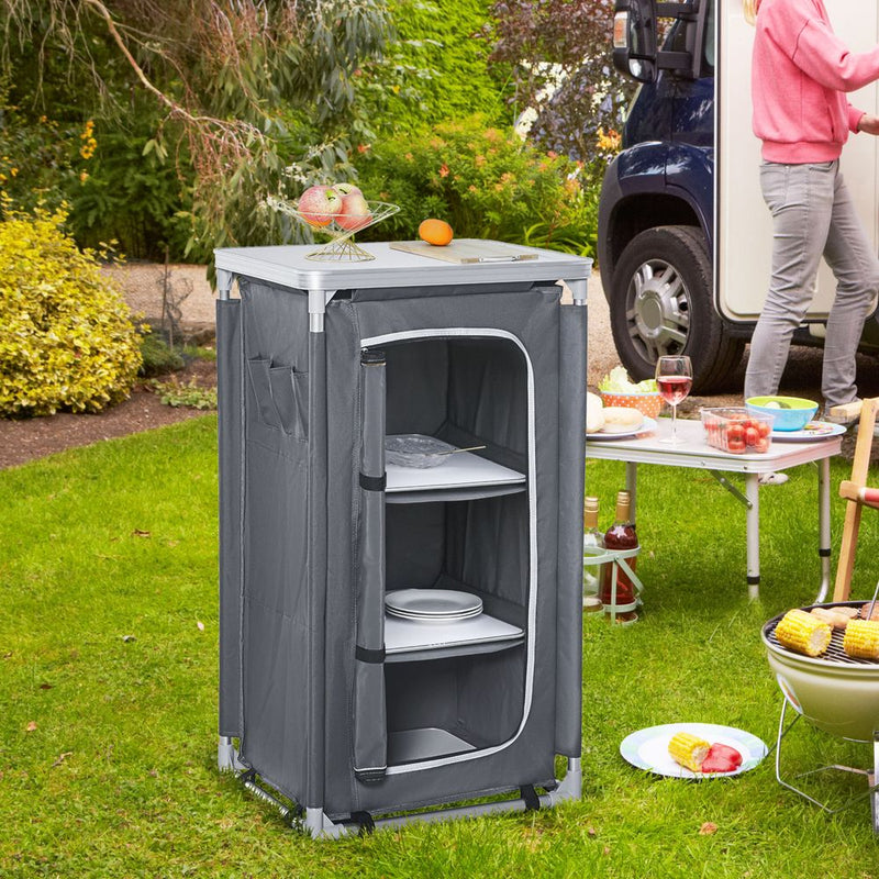 Outdoor 3-shelf Camping Cupboard Kitchen Station Cook Table Grey Outsunny