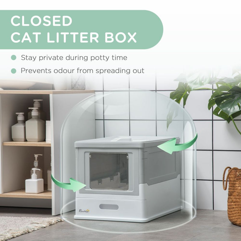 Hooded Cat Litter Box, Portable Pet Toilet, W/ Scoop, Tray, Grey Pawhut